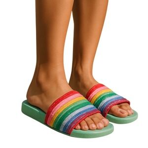 Lauren Lorraine Women's Green Rainbow Glitter‎ Slide Sandals Size 7